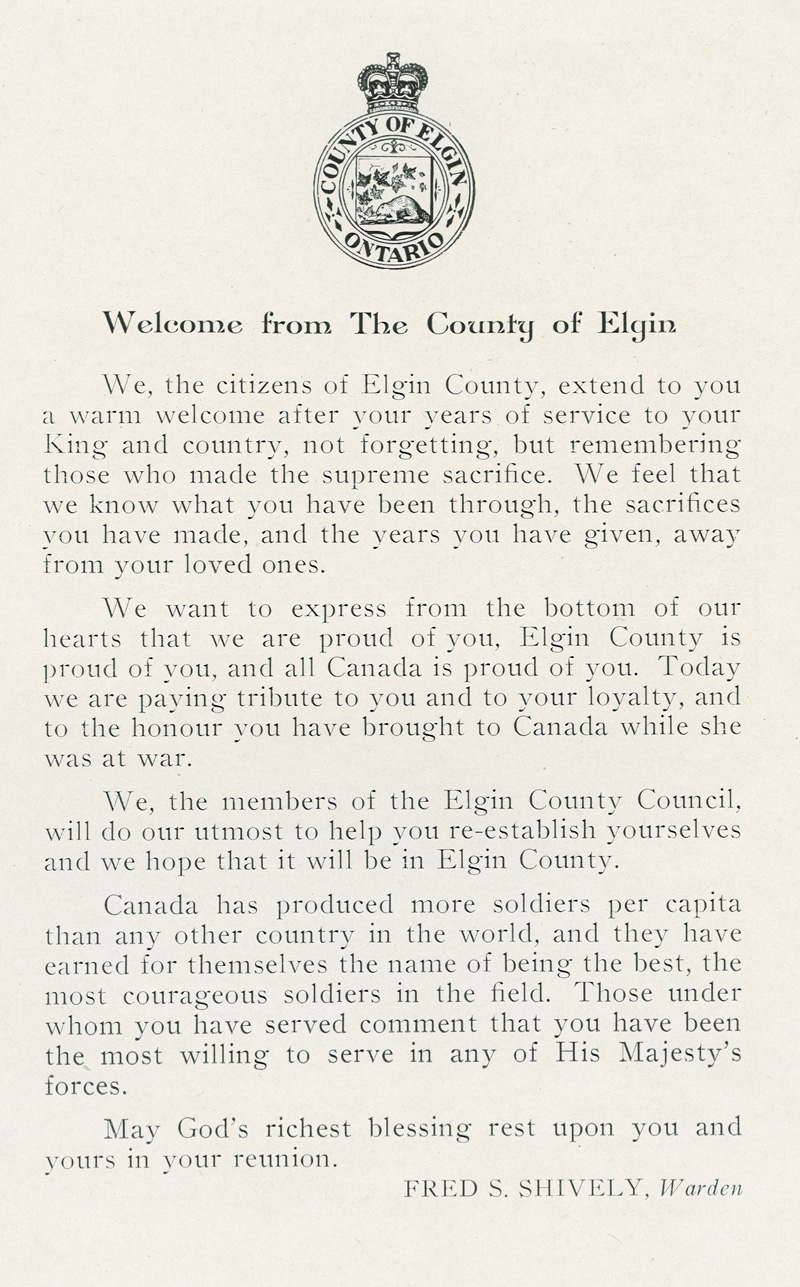 Elgin Regiment Repatriation Reception, January, 1946 - Welcome from the County of Elgin